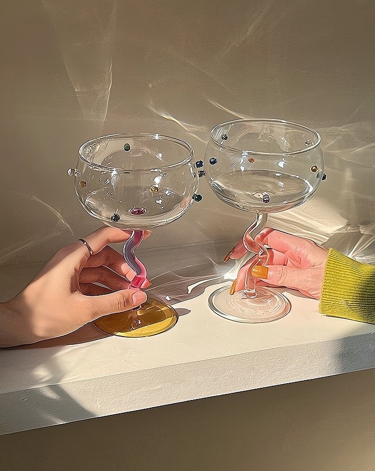 Hand Blown Rainbow Sprinkles Wine Glasses--Set of 2