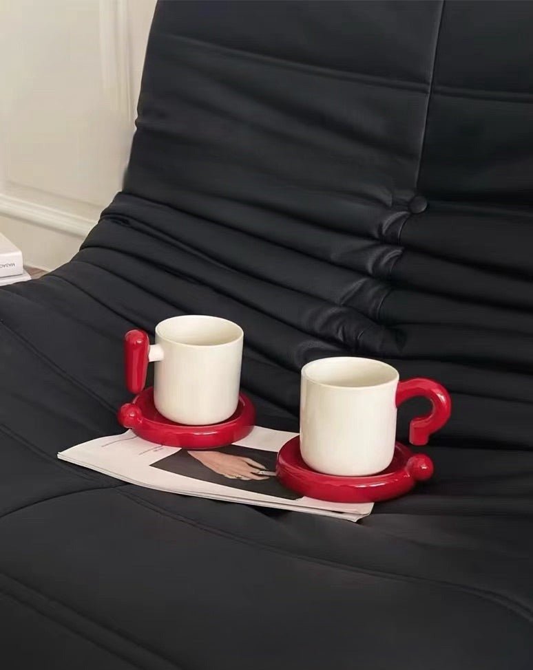 Handmade "!?" Ceramic Coffee Mug with Saucer