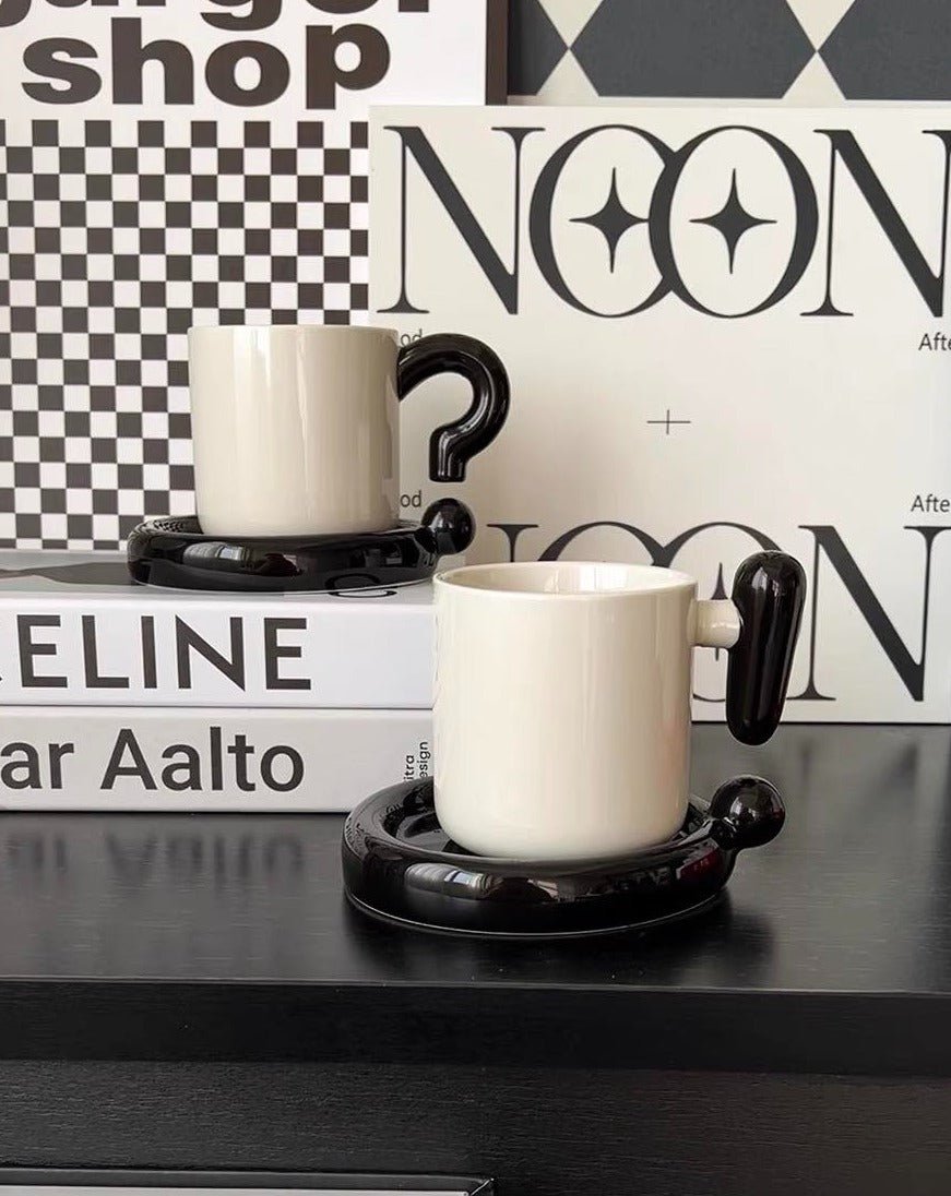 Handmade "!?" Ceramic Coffee Mug with Saucer