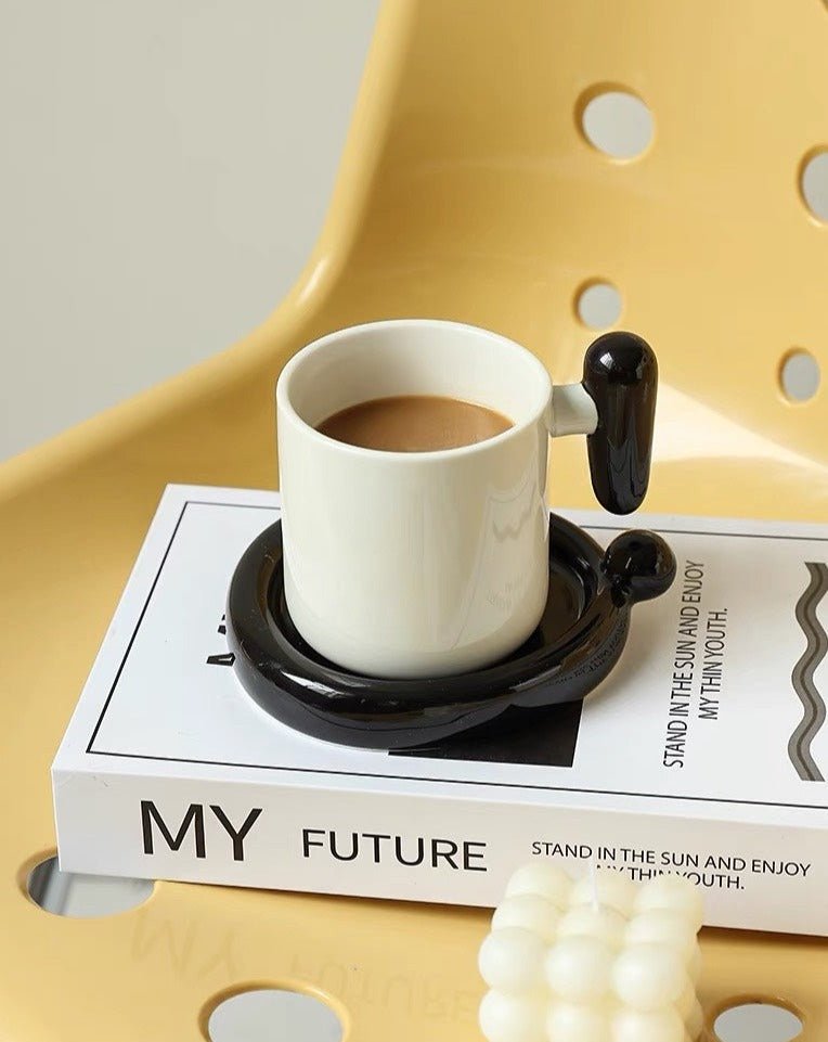 Handmade "!?" Ceramic Coffee Mug with Saucer