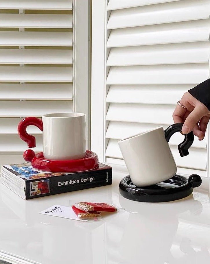 Handmade "!?" Ceramic Coffee Mug with Saucer
