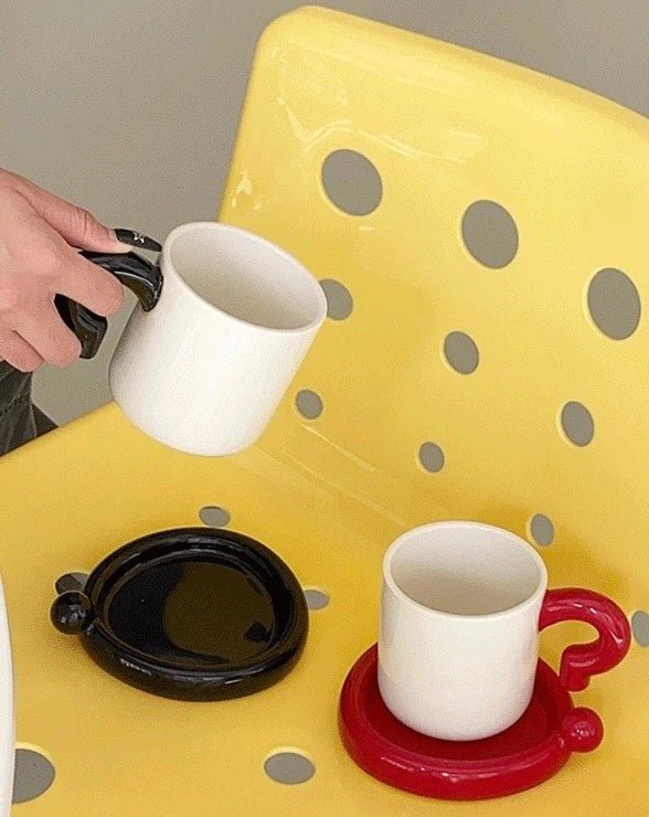 Handmade "!?" Ceramic Coffee Mug with Saucer