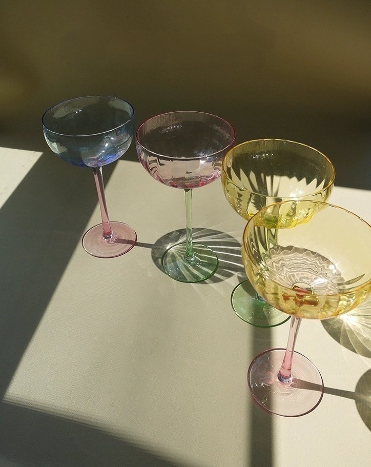 Hand Blown Retro Pastel Coloured Cocktail Glasses Coupe Set of 4