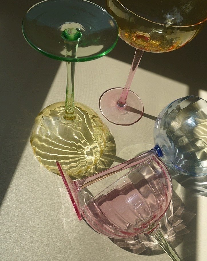Hand Blown Retro Pastel Coloured Cocktail Glasses Coupe Set of 4