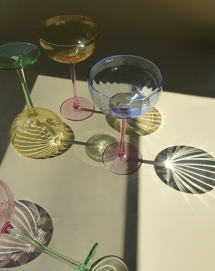 Hand Blown Retro Pastel Coloured Cocktail Glasses Coupe Set of 4