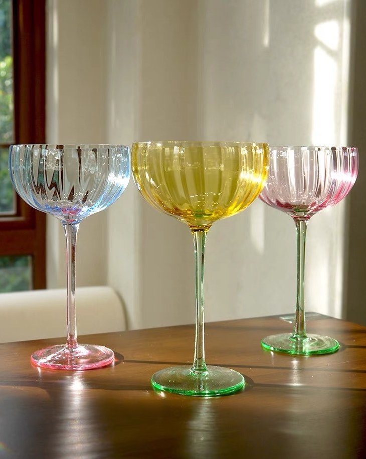 Hand Blown Retro Pastel Coloured Cocktail Glasses Coupe Set of 4