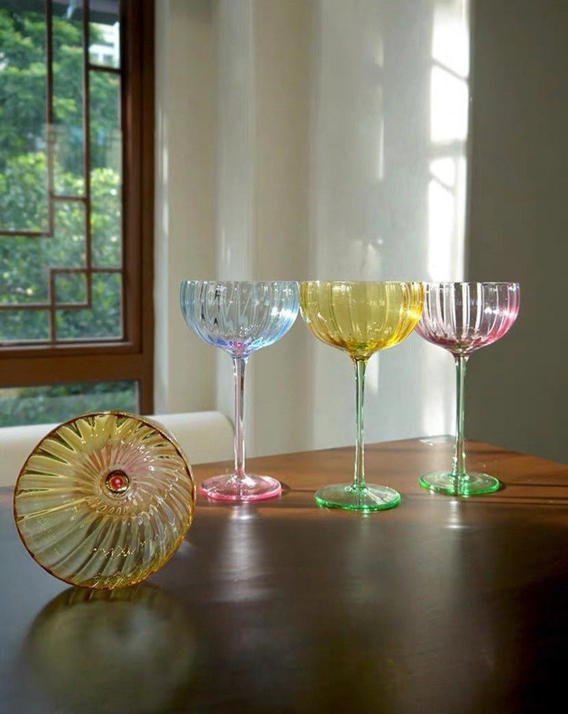 Hand Blown Retro Pastel Coloured Cocktail Glasses Coupe Set of 4
