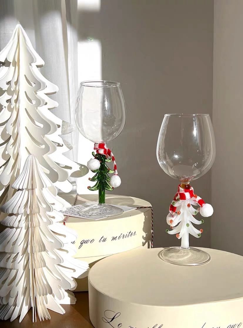 Handblown Christmas Tree Wine Glasses Set of 2