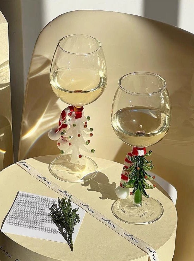Handblown Christmas Tree Wine Glasses Set of 2