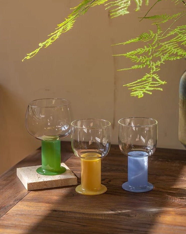 Handblown Whimsical Ecletic Chubby Coloured Wine Glasses Set Of 2