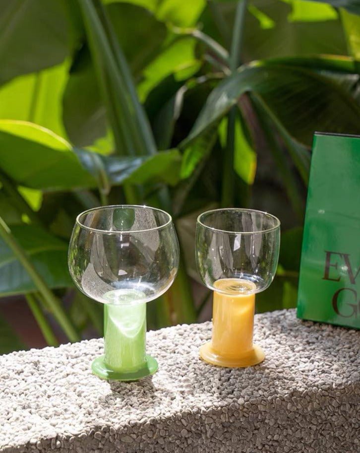 Handblown Whimsical Ecletic Chubby Coloured Wine Glasses Set Of 2