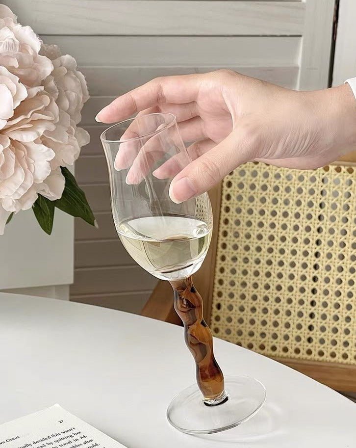 Handblown Retro Wavy Rose Wine Glasses Set of 4 Pcs