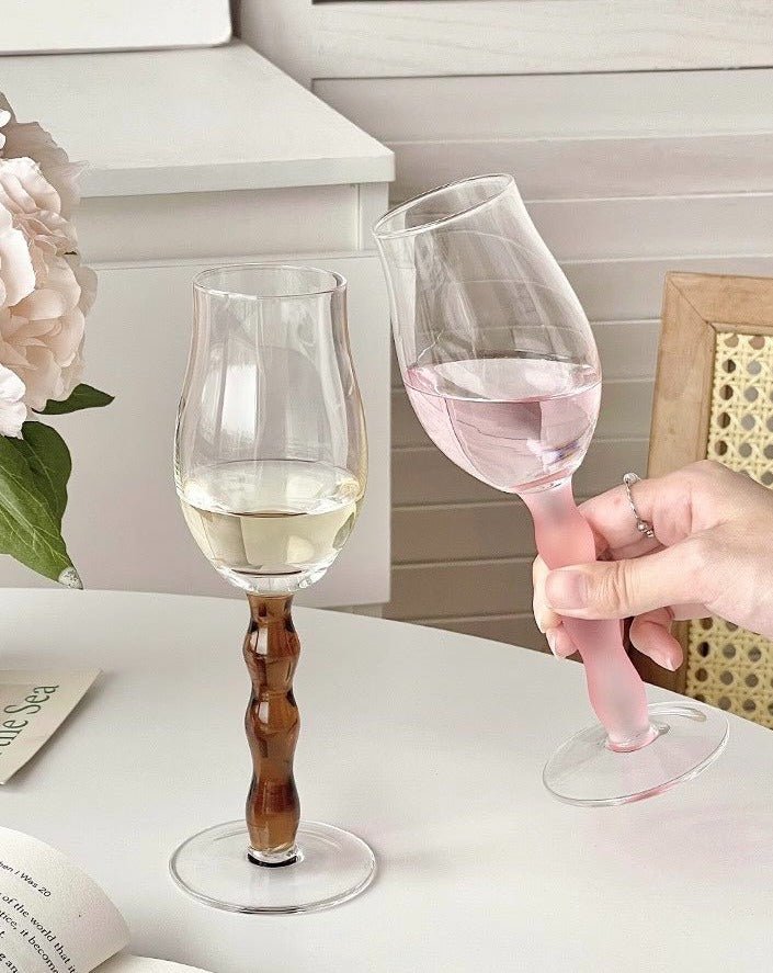 Handblown Retro Wavy Rose Wine Glasses Set of 4 Pcs
