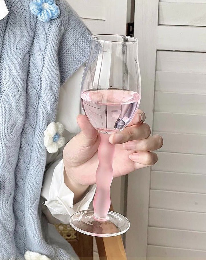 Handblown Retro Wavy Rose Wine Glasses Set of 4 Pcs