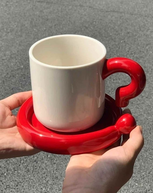 Handmade "!?" Ceramic Coffee Mug with Saucer